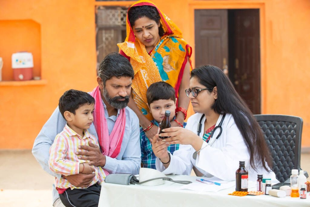 Healthcare professional examining a child with family present, showcasing community healthcare services